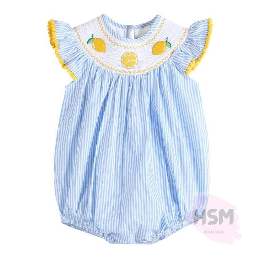 “Lemon Squeezy” Striped Seersucker Bubble Smocked Baby Romper One Piece