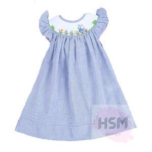 "Easter Train" Smocked Easter Bunny Seersucker Bishop Embroidery Blue Dress