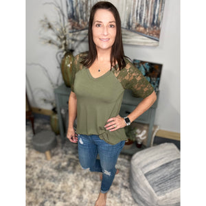 "All About The Lace" Lace Short Sleeve V Neck Rounded Bottom Dressy Floaty Girly Olive Green