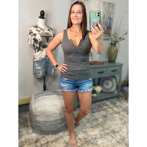 “Let The Sun Shine” Ribbed Henley Low Cut Boy Beater Cleavage Fitted Tank Top Gray