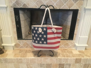 🇺🇸USA Flag Print Rope Handle Red White Blue Beach Bag Tote