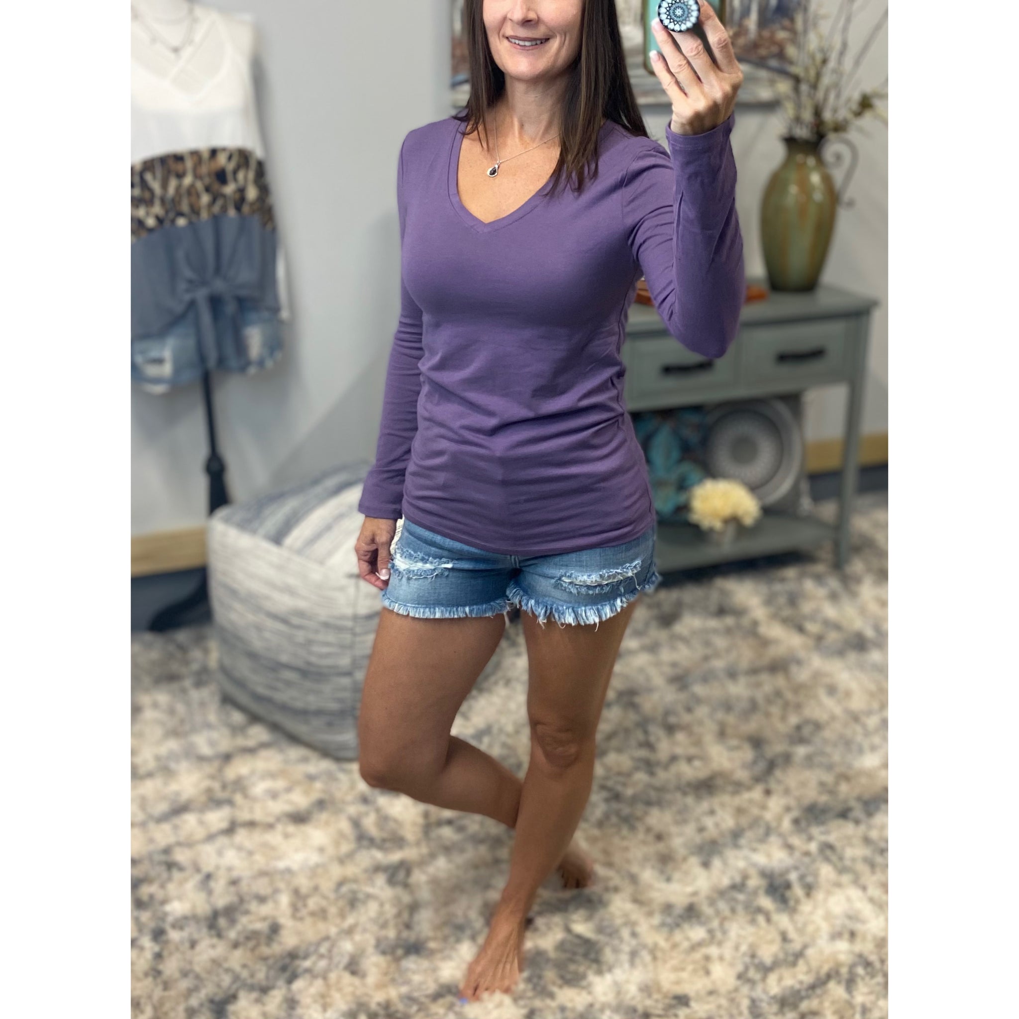 “Easygoing” Loose Slimming V Neck Low Cut Long Sleeve Tissue Basic Baby Shirt Top Lilac