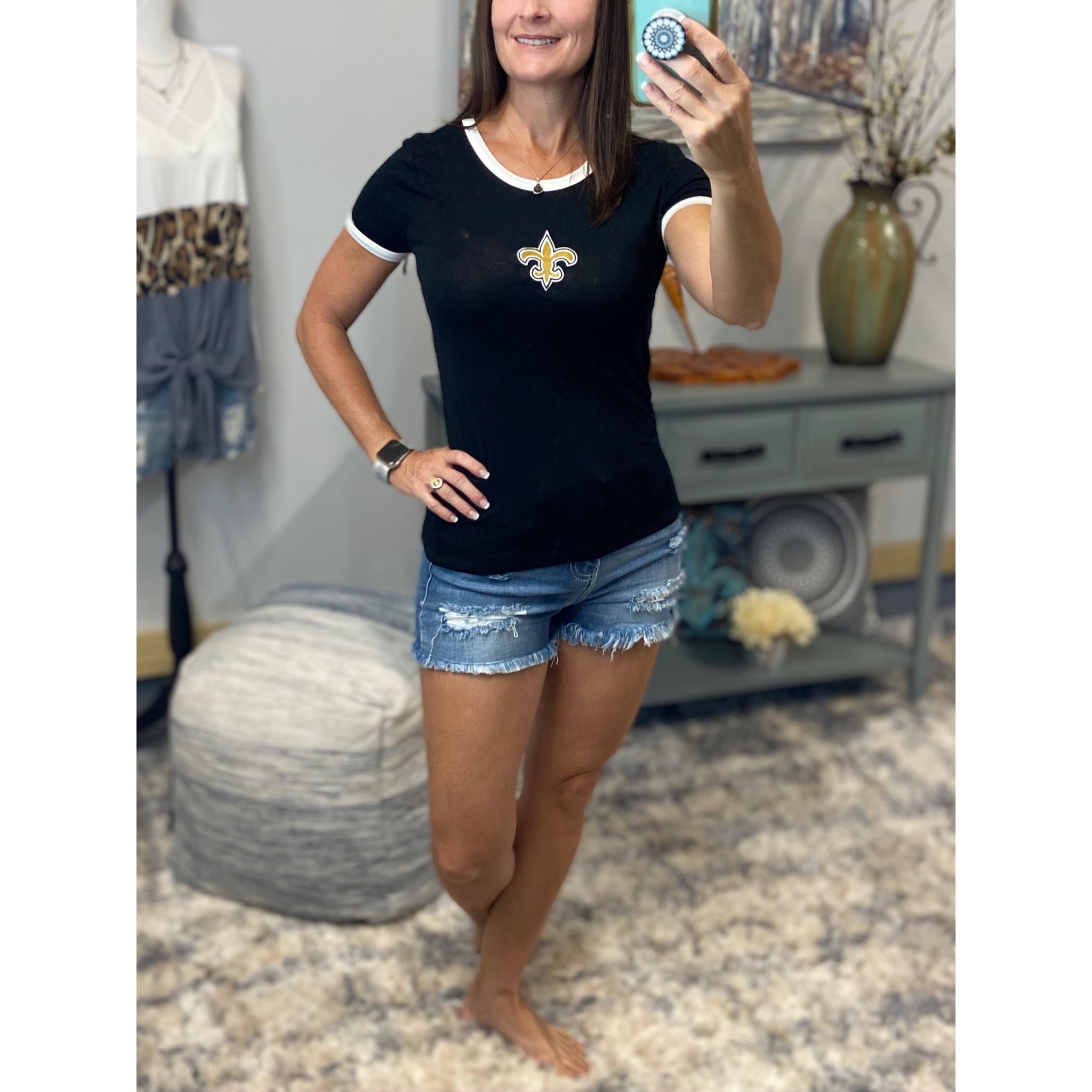 New Orleans Saints Fleur de Lis Embroidery Crew Neck Baby Slimming Soft Top Tee Black Ivory Contrast Trim