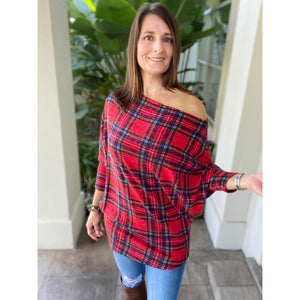 “Kick Up Your Heels” Plaid Off Shoulder Open Neck Dolman Long Sleeve Top Red S/M/L