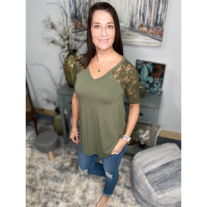 "All About The Lace" Lace Short Sleeve V Neck Rounded Bottom Dressy Floaty Girly Olive Green