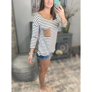 “That Smiling Face” Sporty Striped Contrast Trim Pocket Long Sleeve Round Neck Jersey Stretch Shirt White Black