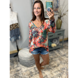 "Good Vibrations" Multi Tie Dye Low Gauge Hacci Gauze Wide Neck Pullover Long Sleeve Top Coral Jade