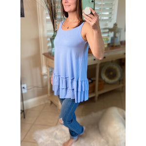 Ruffle Bottom Scoop Neck Sleeveless Floaty Tunic Tank Top Spring Blue