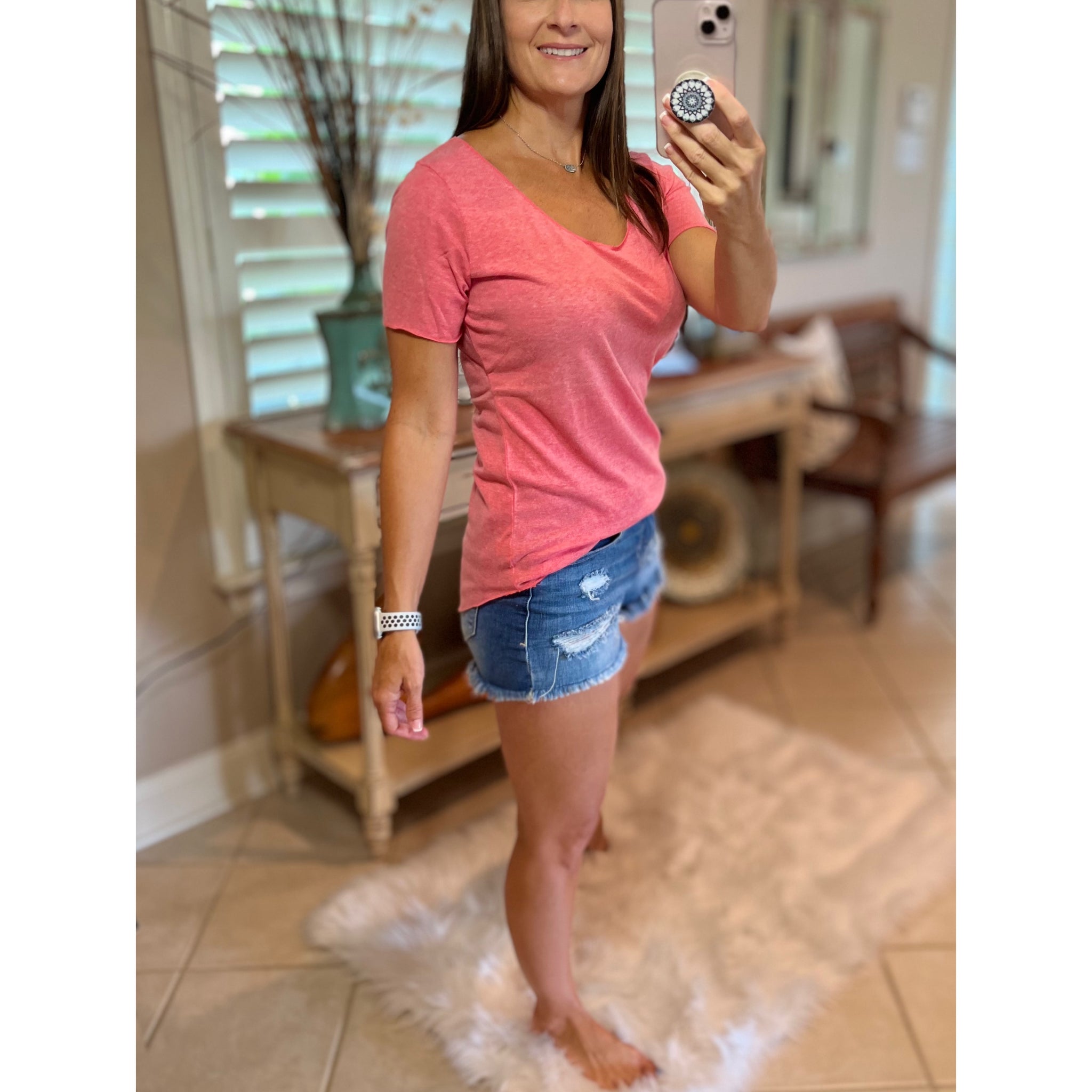 Loose Floaty Scoop Neck Boyfriend Raw Edge Tee Shirt Melange Red S/M/L