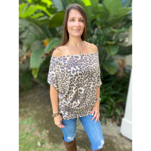 “Let’s Go Out” Leopard Off Shoulder Open Neck Dolman 3/4 Sleeve Top Brown