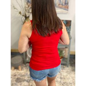 “Let The Sun Shine” Ribbed Henley Low Cut Boy Beater Cleavage Fitted Tank Top Red