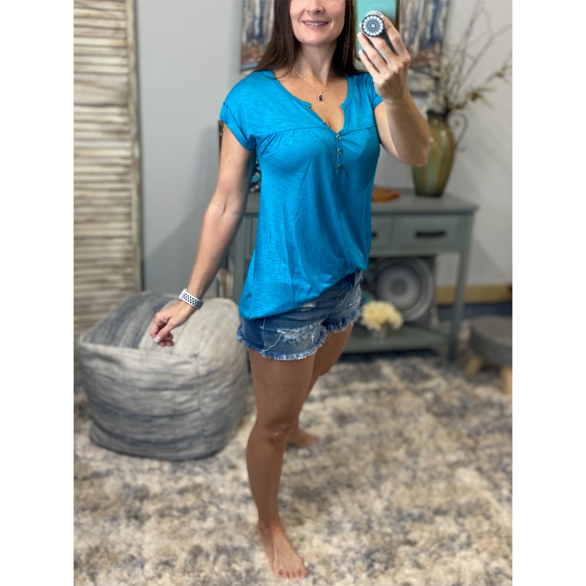 “Just Be You” Sheer Burnout Melange Tissue V-Neck Henley Tab Short Sleeve Shirt Tee Teal