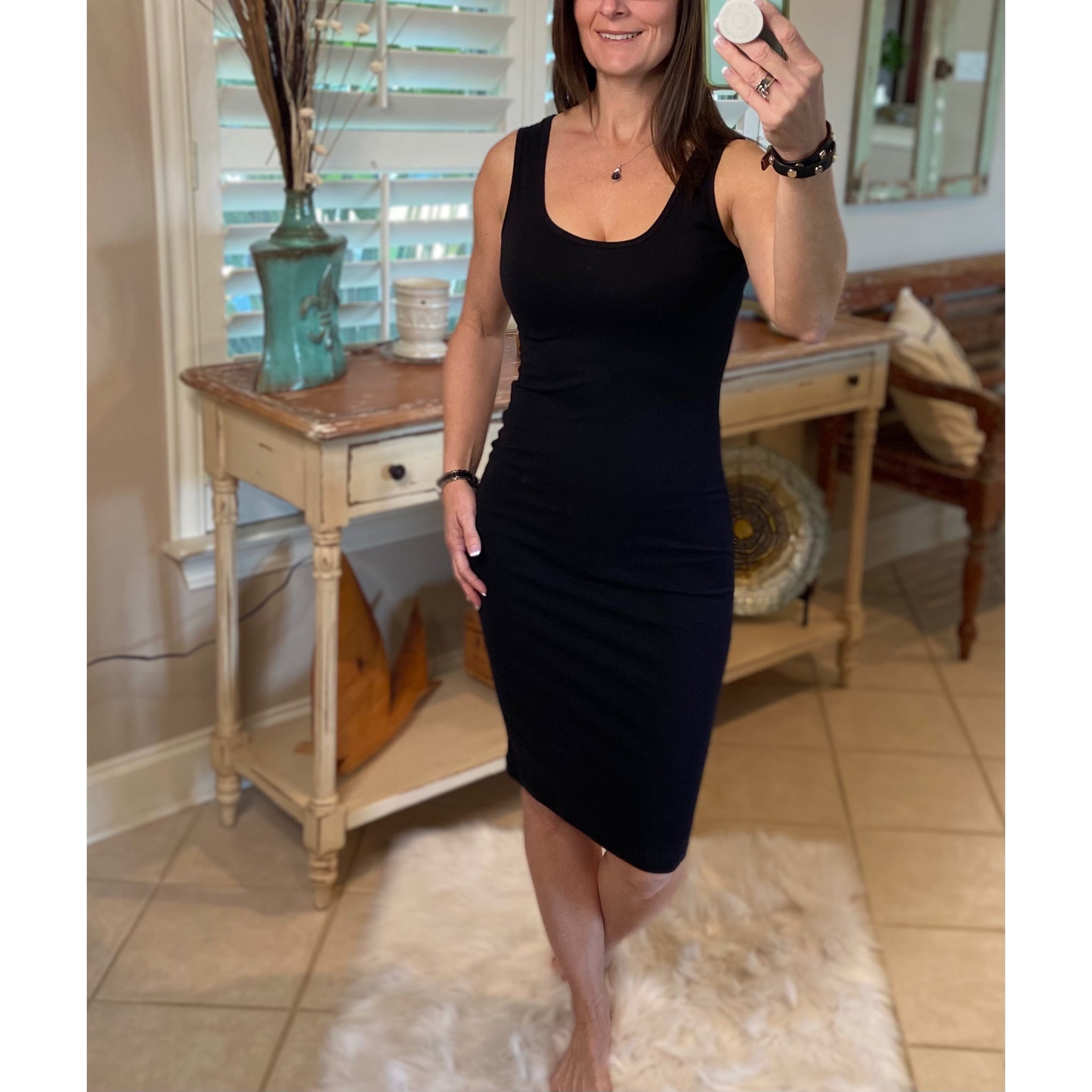 Scoop Neck Cleavage Bodycon Sleeveless Midi Summer Tank Dress Black