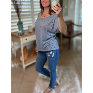 Very Sexy Distressed One Cold Shoulder Cutout Top Blue S/M/L