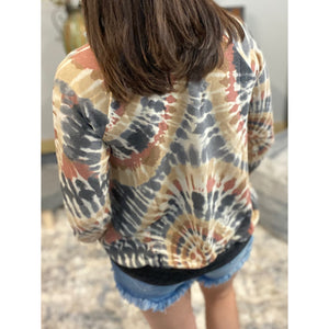 “When I Come Around” Swirl Tie Dye French Terry Long Sleeve V-Neck Banded Bottom Top Multi