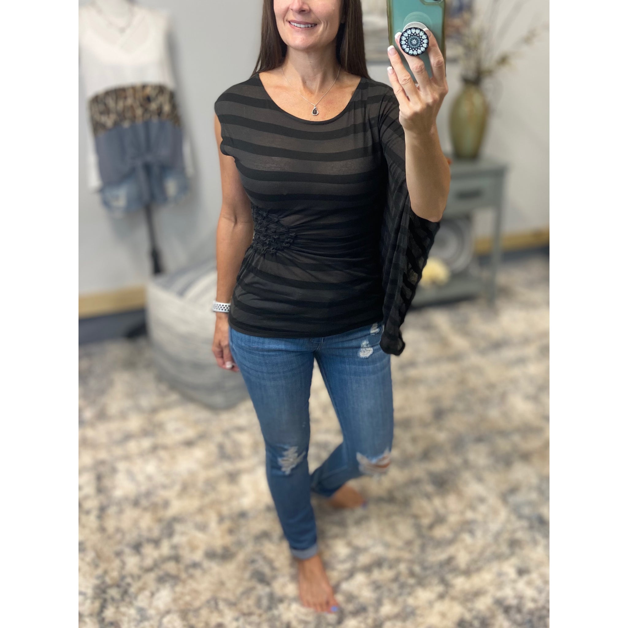 "Flying In Circles" Dolman Ruched Flutter Batwing Striped Burnout Tissue Shirt Black S/M/L/XL