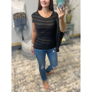 "Flying In Circles" Dolman Ruched Flutter Batwing Striped Burnout Tissue Shirt Black S/M/L/XL