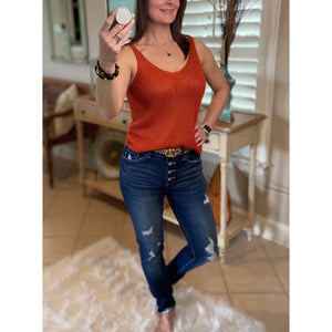 “Spring Fling” Sexy Low Double V Neck Back Sleeveless Dressy Sweater Tank Rust