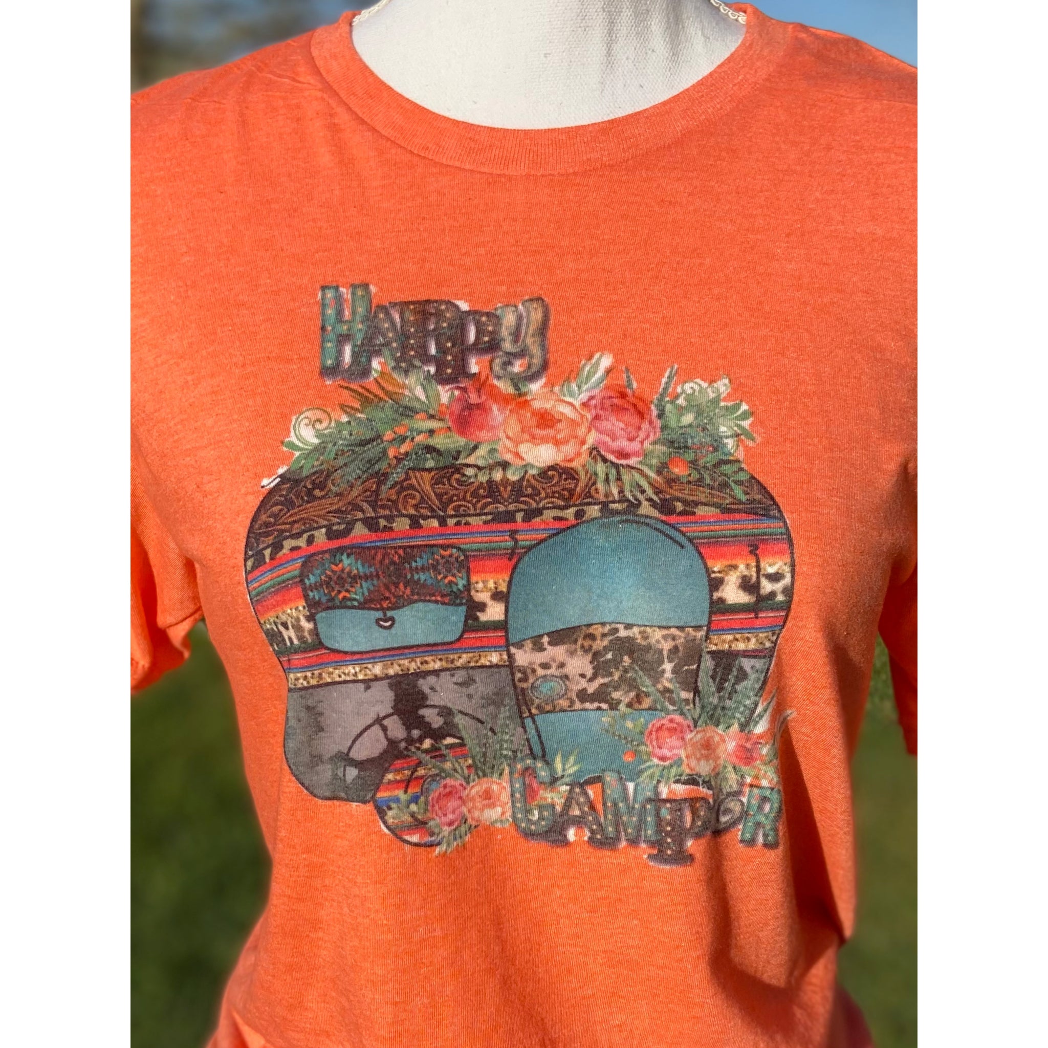“Happy Camper” Retro Western Camper Bleached Sublimation Boyfriend Basic Tee Shirt Pink S/M/L/XL