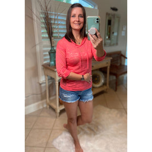 Sexy Sheer Burnout Drawstring Hoodie Tissue High Neck Top Shirt Pink