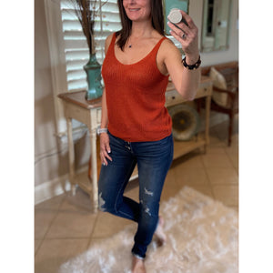 “Spring Fling” Sexy Low Double V Neck Back Sleeveless Dressy Sweater Tank Rust