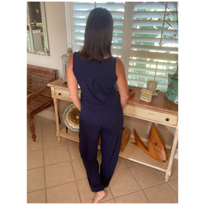 Scoop Neck Sleeveless Pocket Jogger Button Jumpsuit Navy Blue