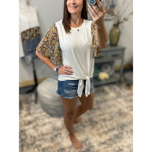 “If I Were A Butterfly” Floral Short Flutter Sleeve Round Neck Self Tie Bottom Top Yellow S/M/L