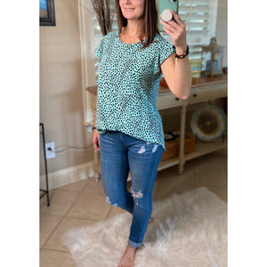 “I’ve Come a Long Way” Leopard Short Flutter Sleeve Round Neck Bottom Top Mint Black