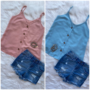 “Simply Perfect” V-Neck Button Up Floaty Spaghetti Strap Summer Tank Top Blue S/M/L/XL