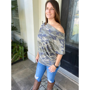 “This Girl Wears Camo” Camouflage Off Shoulder Open Neck Dolman Long Sleeve Top Green