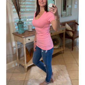 “Basic Babe” Low Cut V-Neck Cleavage Baby Slimming Basic Tee Shirt Bright Pink S/M/L/XL