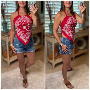 “Biker Babe” Halter String Handkerchief Bandanna Tank Top Red White