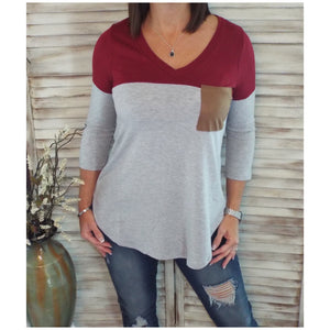 Suede Pocket Elbow Detail V-Neck Floaty Tunic 3/4 Sleeve Wine Gray S/M/L/XL