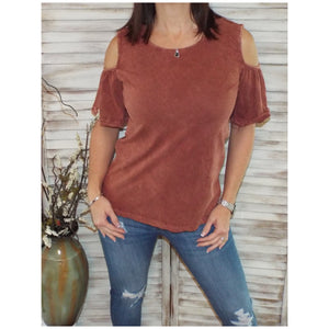 Sexy Scoop Neck Bell Sleeve Cold Shoulder Cutout Top Mineral Wash Rust