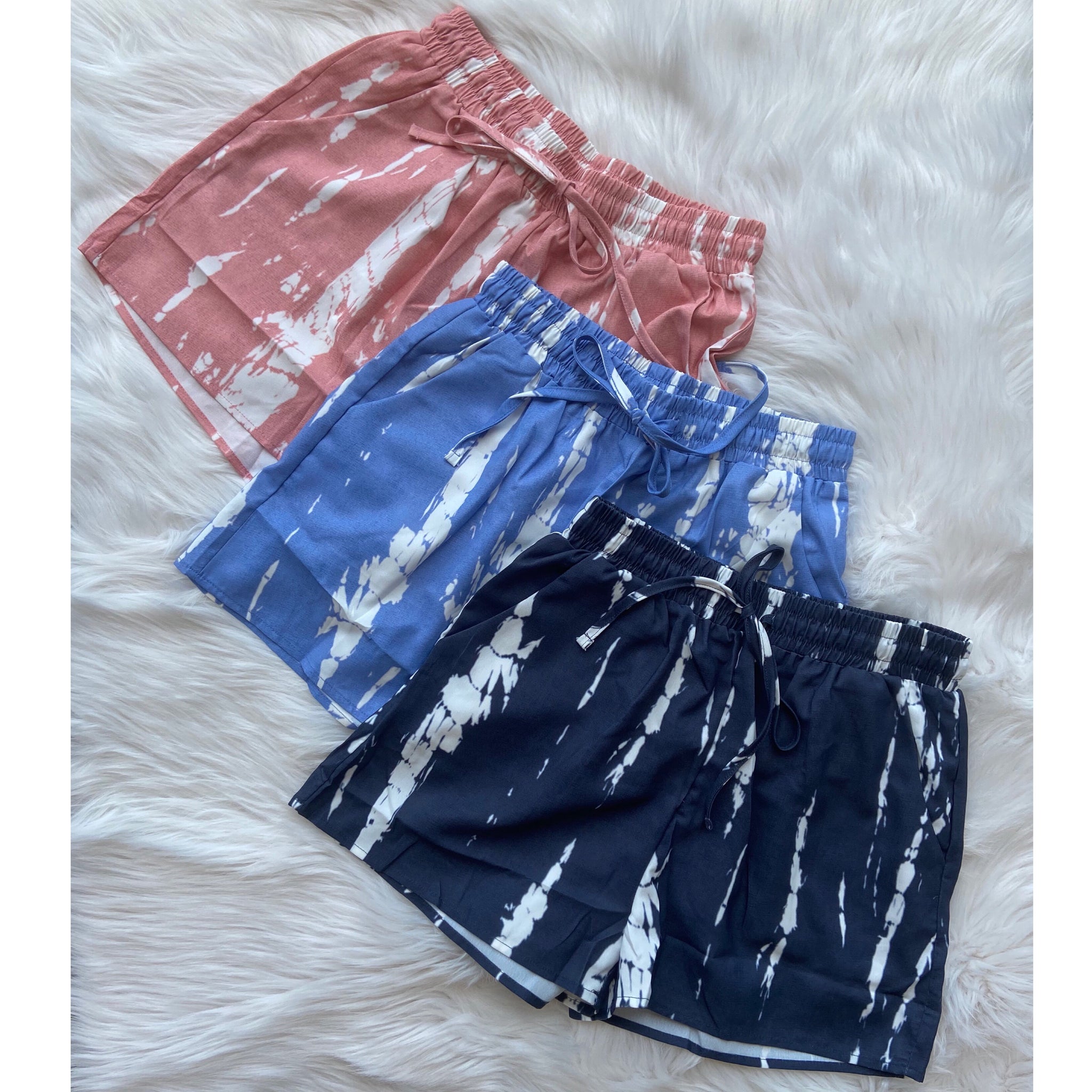 Tie Dye Elastic Drawstring Pocket Dressy Shorts Bright Blue S/M/L/XL