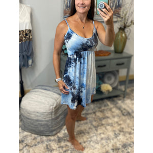 “Carefree Highway” Tie Dye Mini V-Neck Cami Tank Dress Adjustable Blue S/M/L