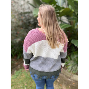 “Mauve On Over” Chunky Knit Sweater Distressed Drop Open Shoulder V-Neck Long Sleeve