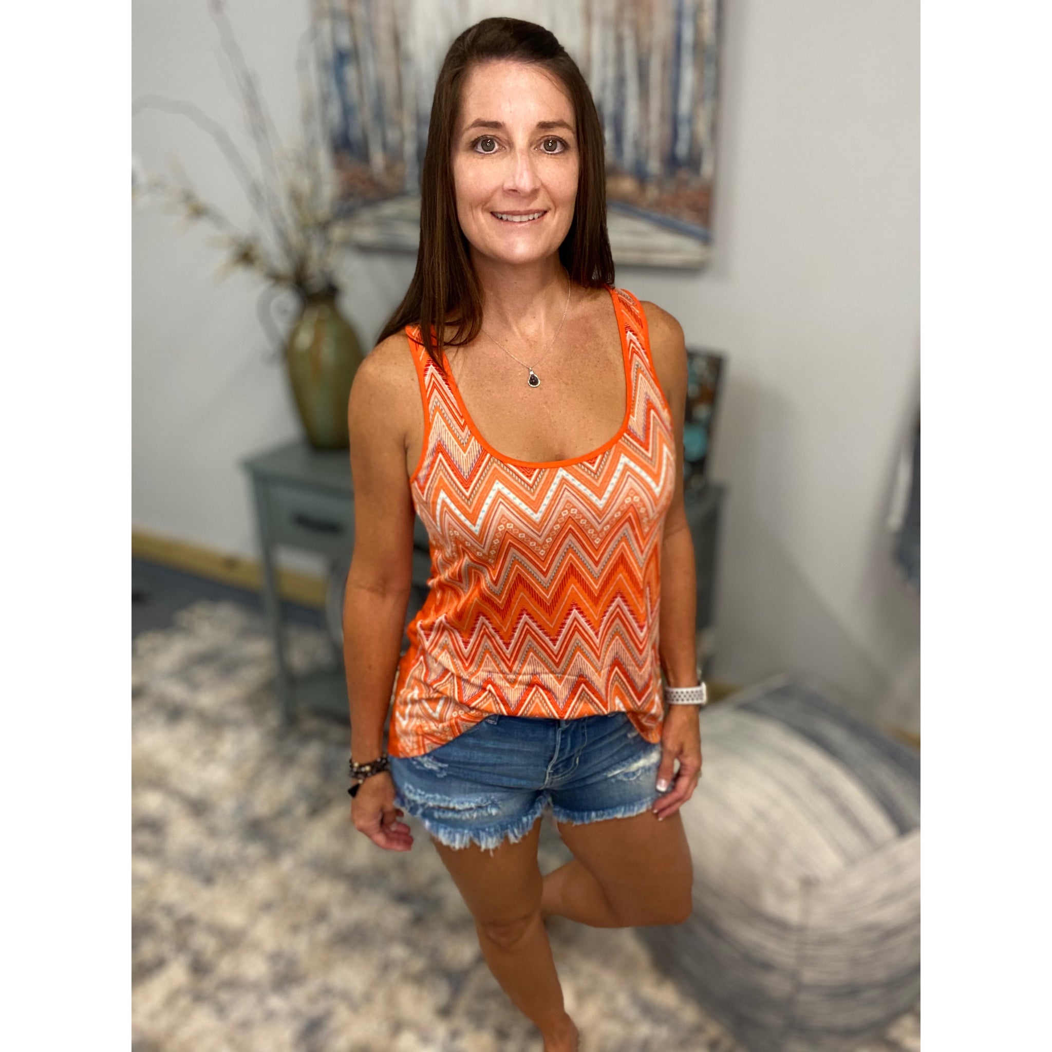 "Crushing It" Chevron Striped Low Cut Summer Racerback Floaty Tank Top Tunic Orange S/M/L