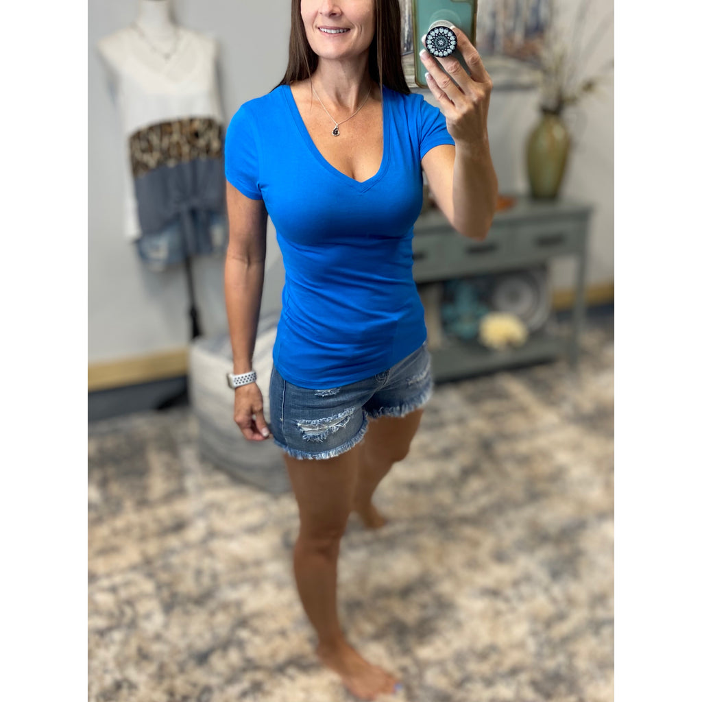 “Basic Babe” Low Cut V-Neck Cleavage Boyfriend Baby Slimming Basic Tee Shirt Blue S/M/L