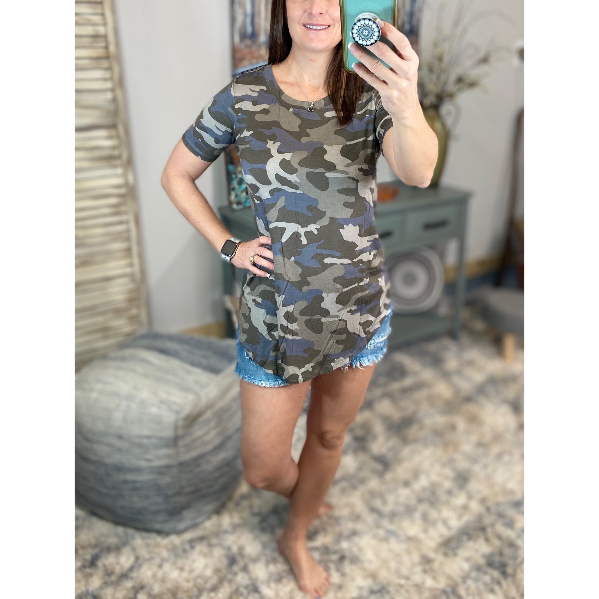 "Summertime Tee" Camouflage Loose Floaty Round Neck Pocket Boyfriend Tee Shirt Army Green S/M/L/XL
