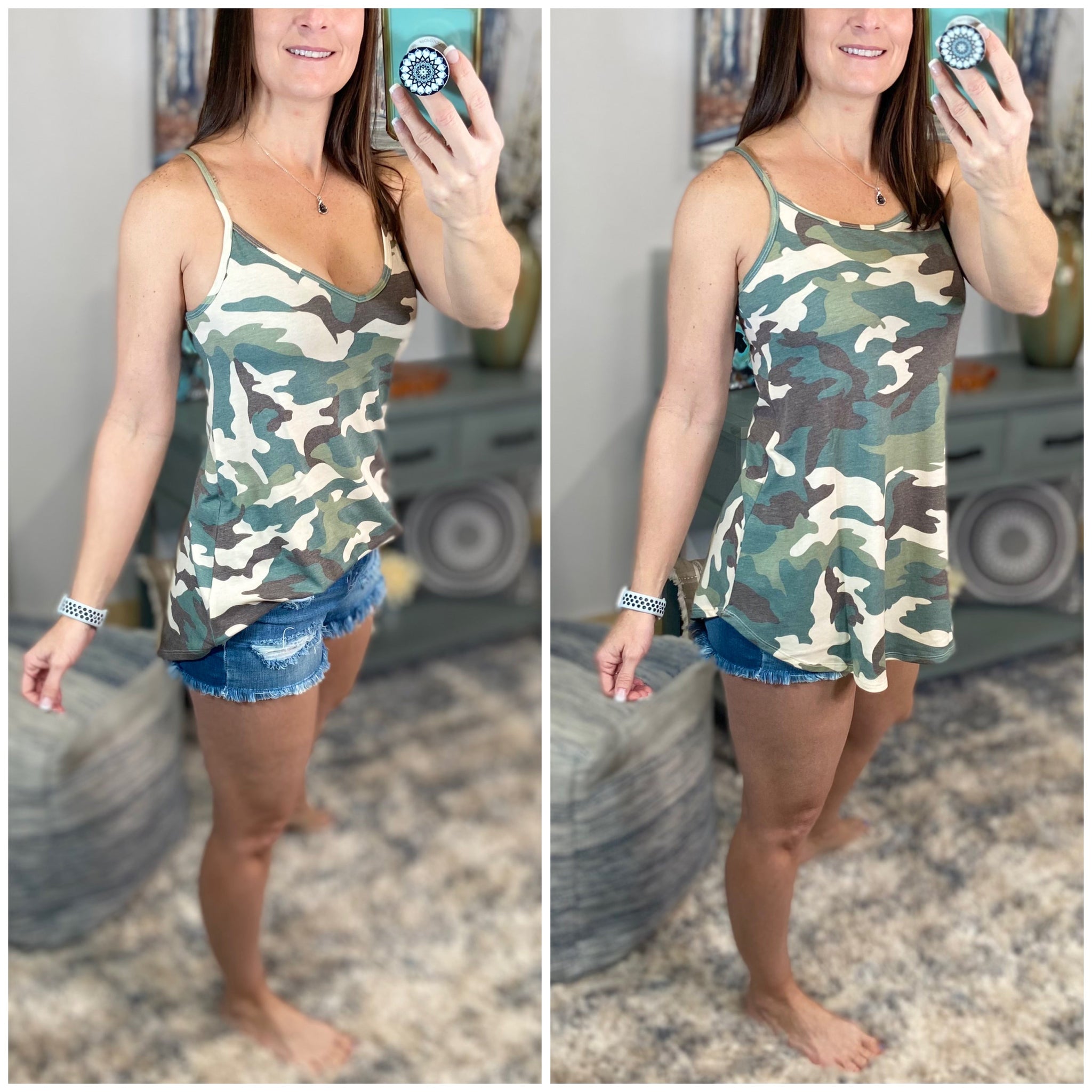 “Heat Wave” Reversible Camouflage Low Scoop Or V-Neck Tank Shirt Top Green PLUS
