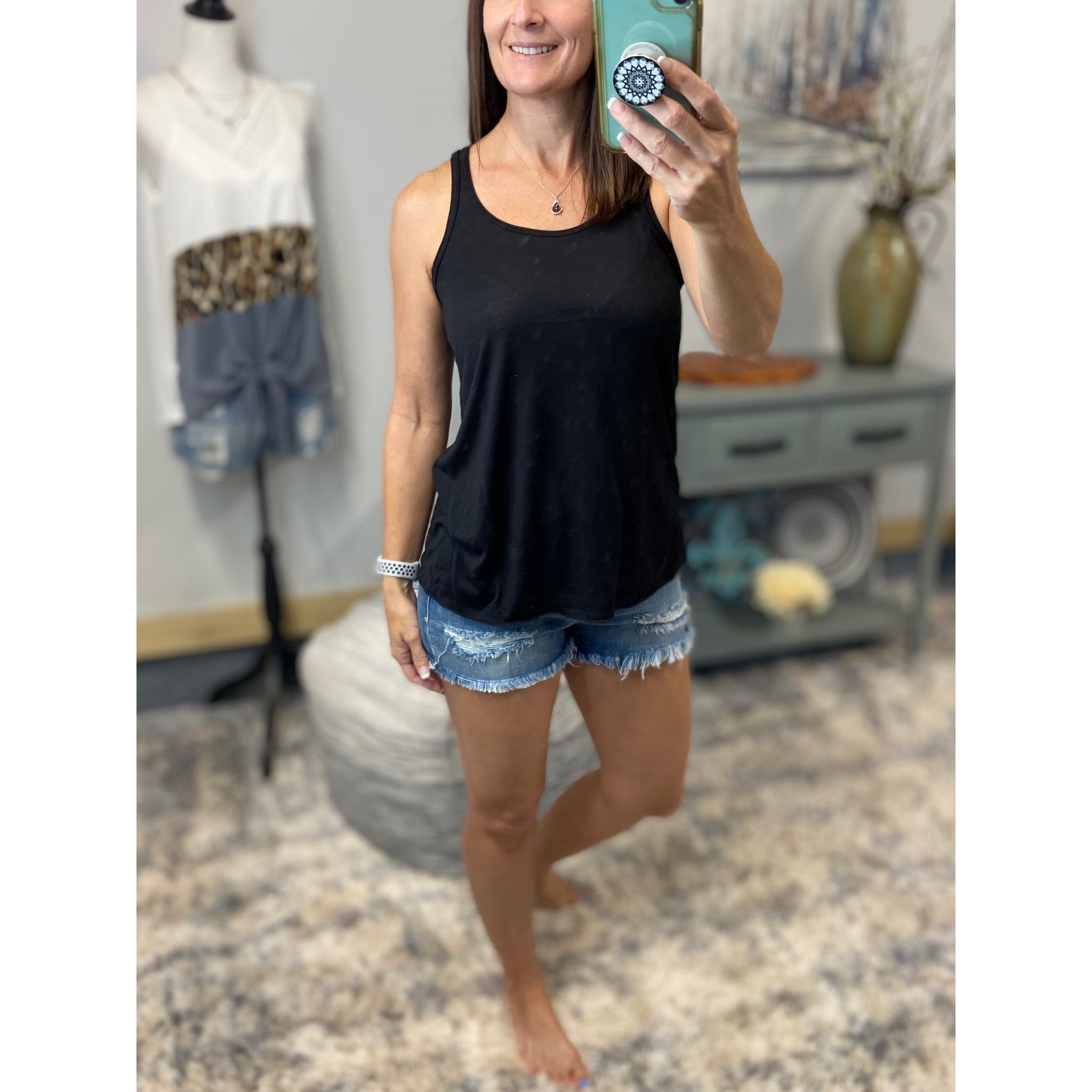 Ruched Racerback Scoop Neck Floaty Cleavage Tank Black Top S/M/L/XL/XXL