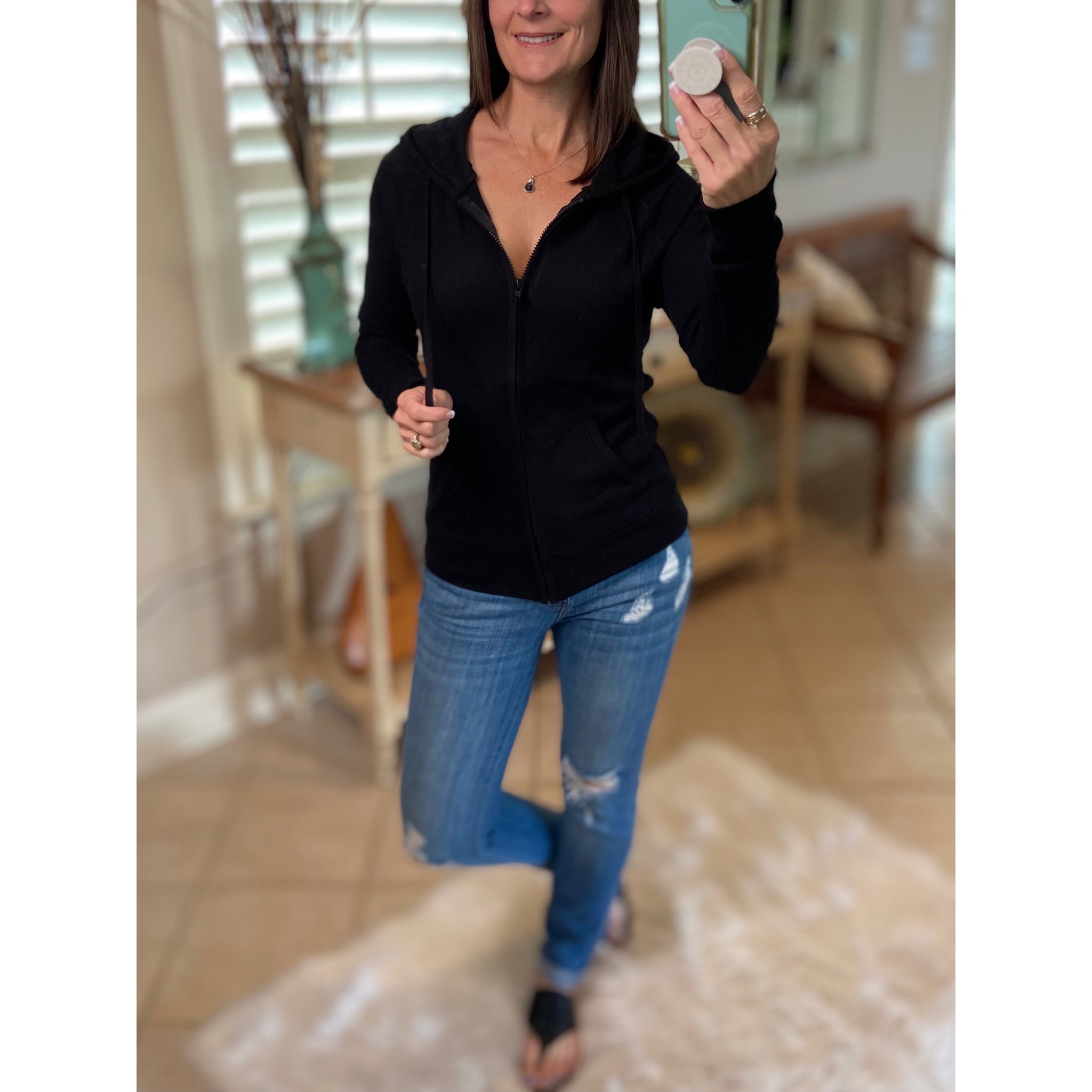 "Get Cozy" Zip Up Waffle Thermal Hoodie Light Jacket Sweater Yoga Black XL/1X/2X