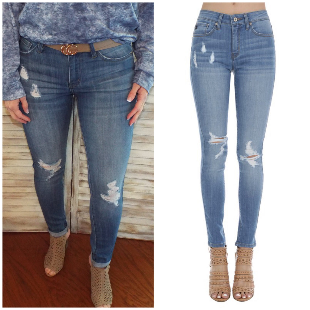 KanCan Denim Distressed Zip Up Fly Slim Stretch Jeans Light Wash Blue 3/5/7/11