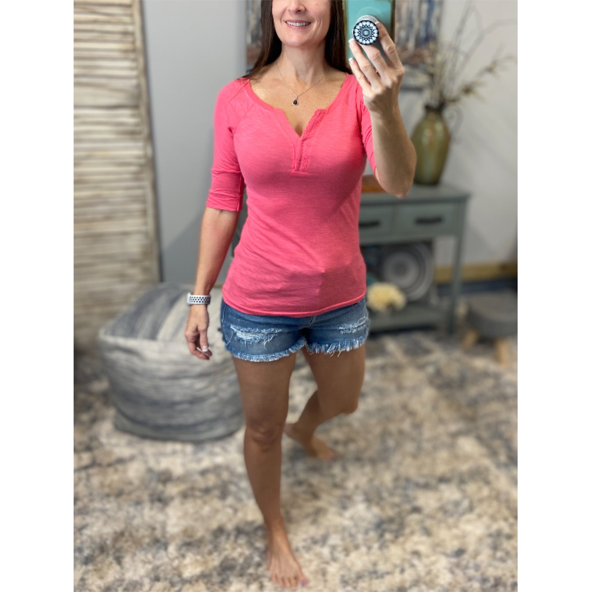 "Come Together" V Neck Crochet Plunge Cleavage Melange 3/4 Cuff Sleeve Top Coral Pink
