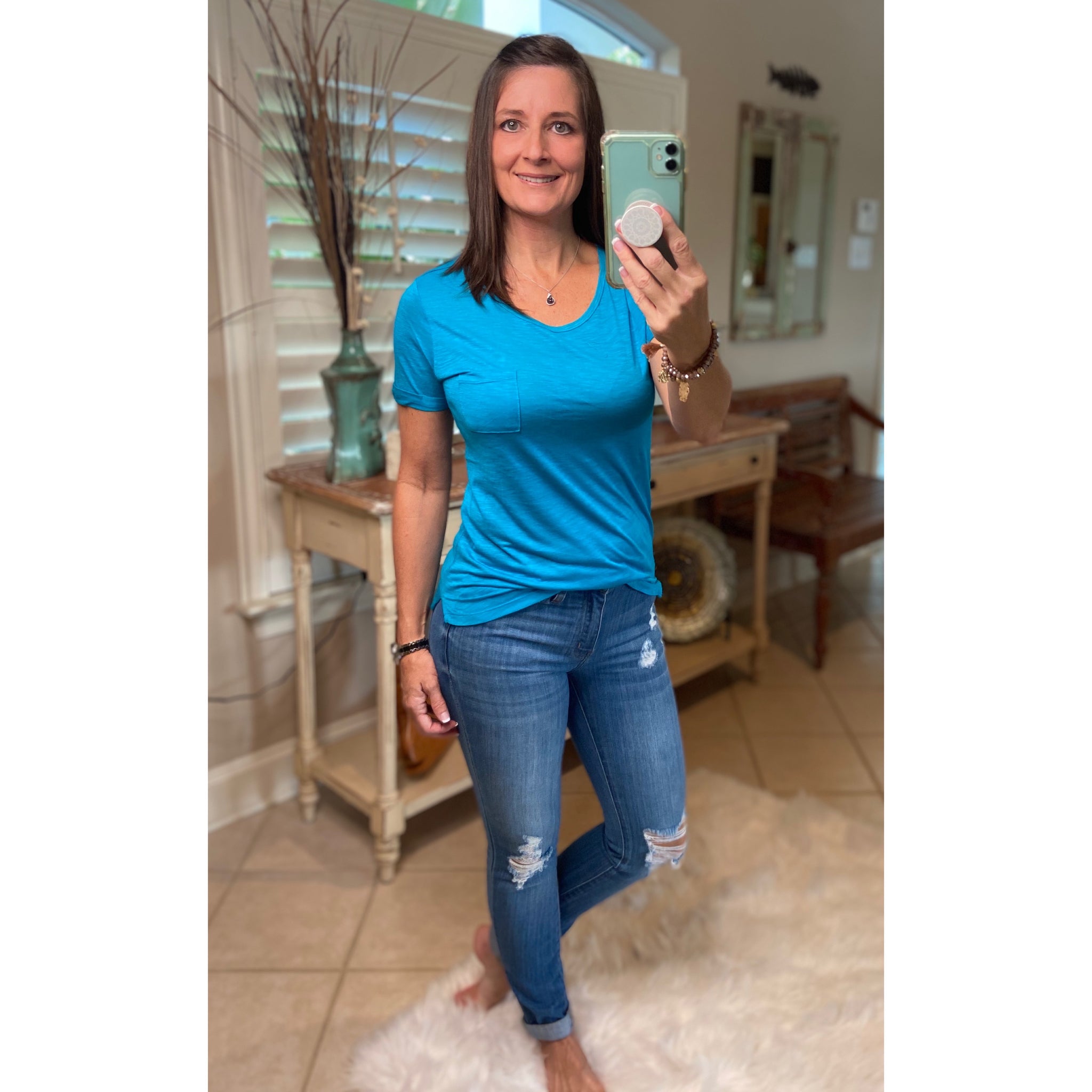 Very Sexy Sheer Burnout Melange Tissue Scoop Neck Top Shirt Tee Jade S/M/L
