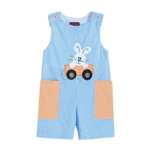 Easter Bunny & Wagon Gingham Pockets Embroidery Blue Jon Jon Romper