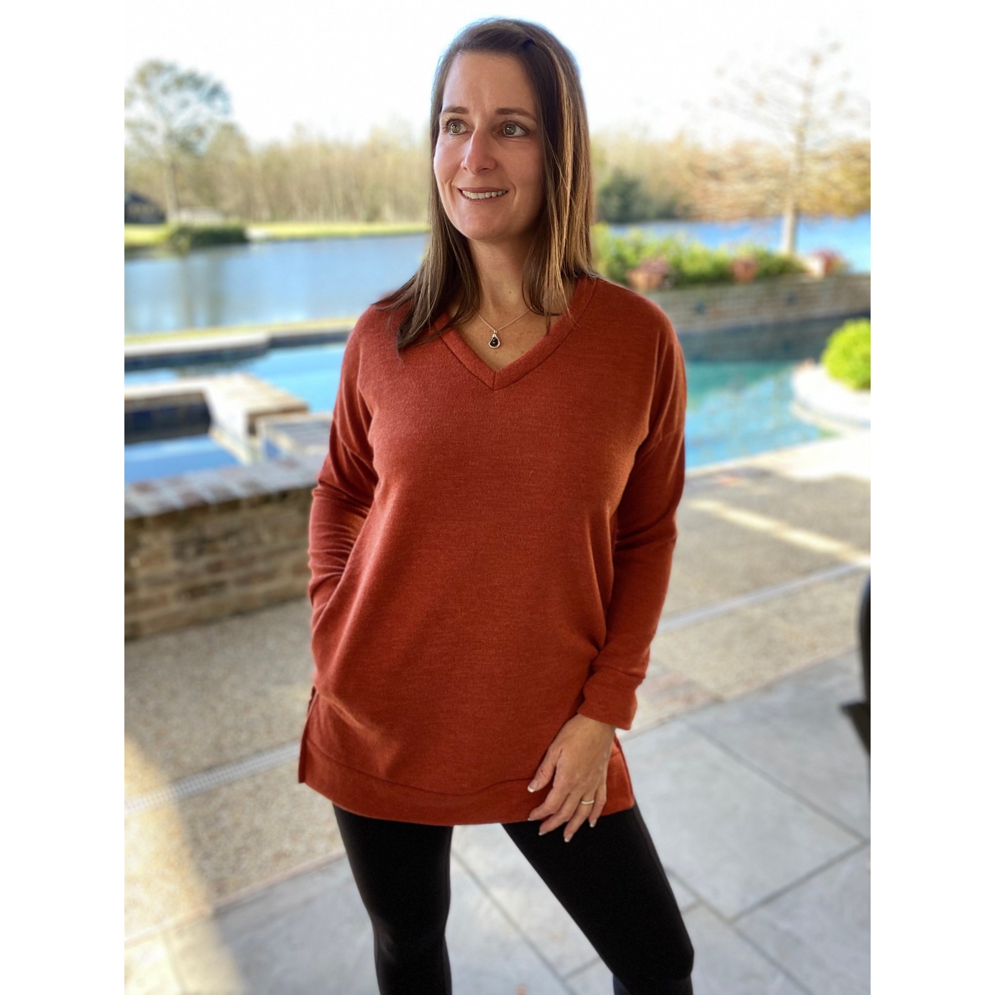“Falling In Love” Oversized Pocket Sweater V Neck Split Side Banded Bottom Rust