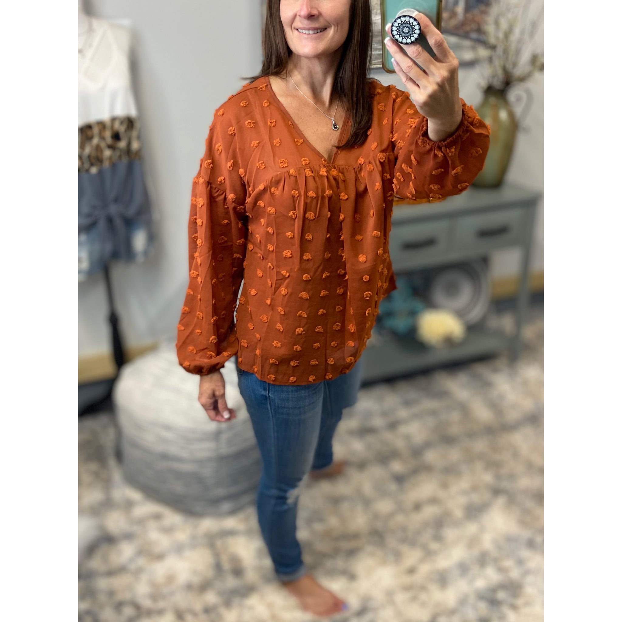 “Harvest Festival” Swiss Dot Long Bubble Sleeve V-Neck Floaty Top Rust