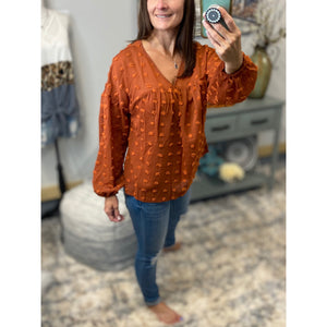 “Harvest Festival” Swiss Dot Long Bubble Sleeve V-Neck Floaty Top Rust